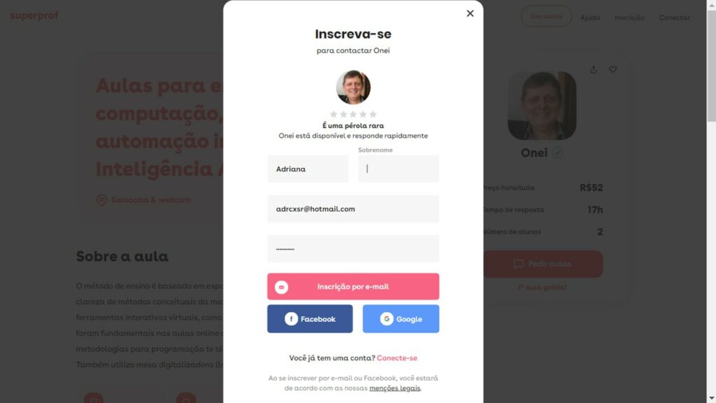 Cadastro de perfil aluno por e-mail no portal Superprof